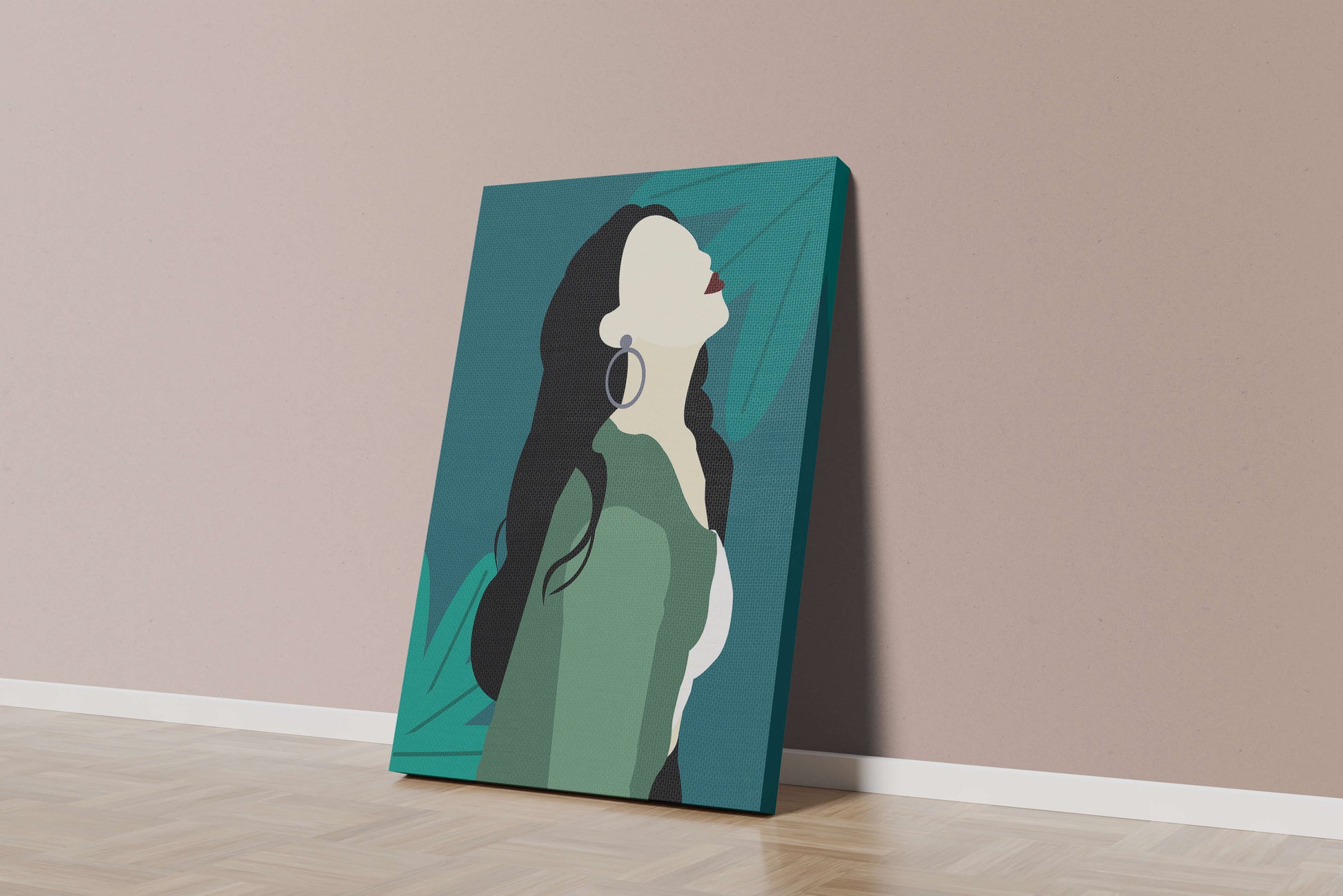 Stylized artwork of a woman with dark hair and earrings against a tropical leaf backdrop