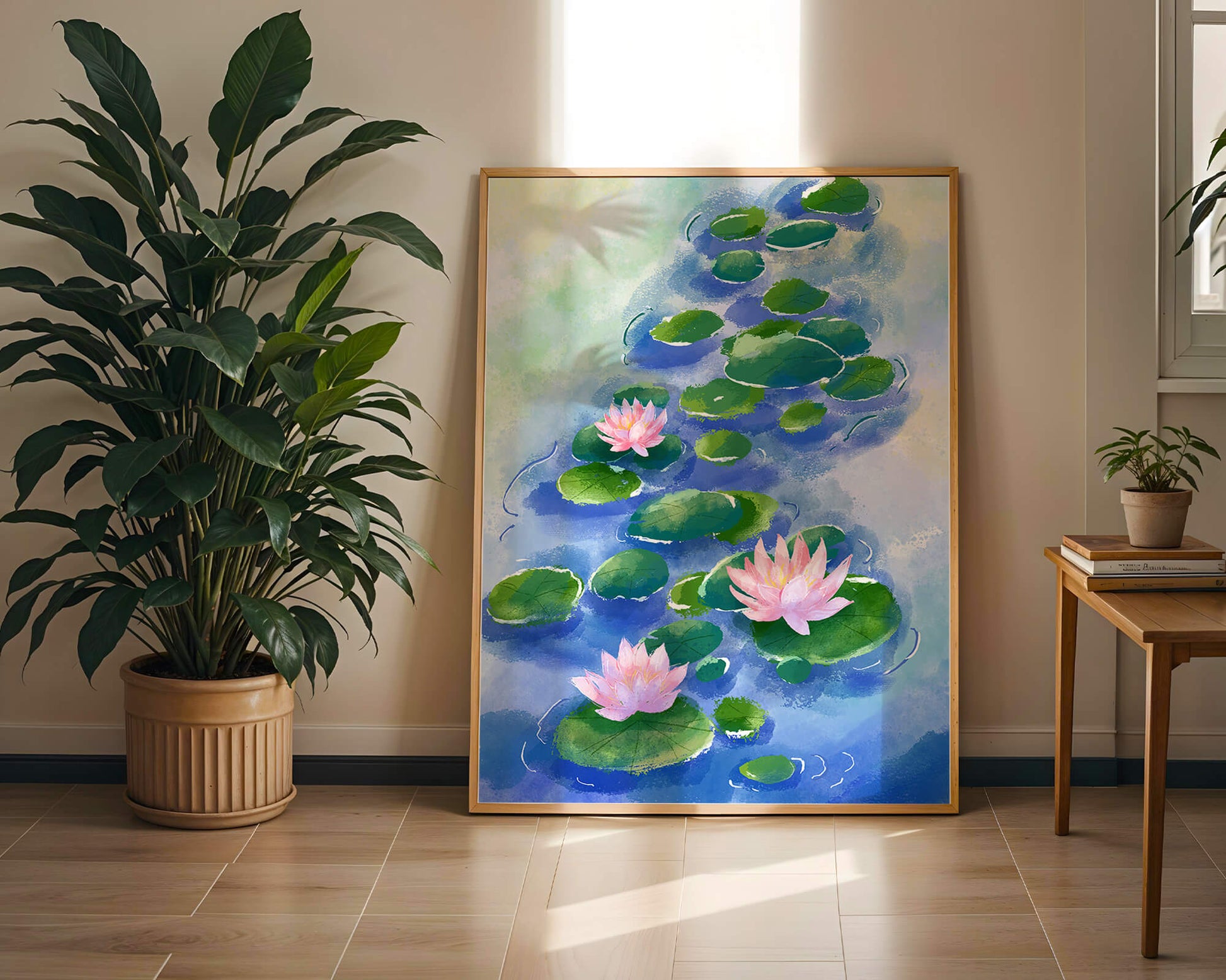 Escena acuática serena con flores de loto rosadas y nenúfares sobre una superficie de agua tranquila.
