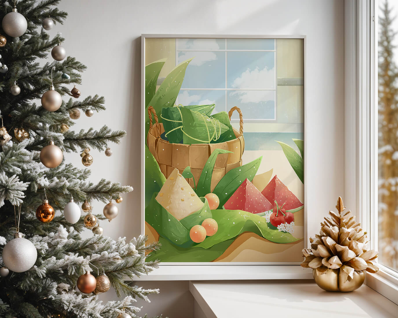 Serene kitchen scene with basket of fruits and leaves