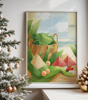 Serene kitchen scene with basket of fruits and leaves