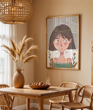 Illustrated girl with a braided crown, floral accents, and expressive features