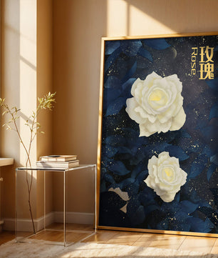 Elegant white roses on a celestial night background with deep blue leaves