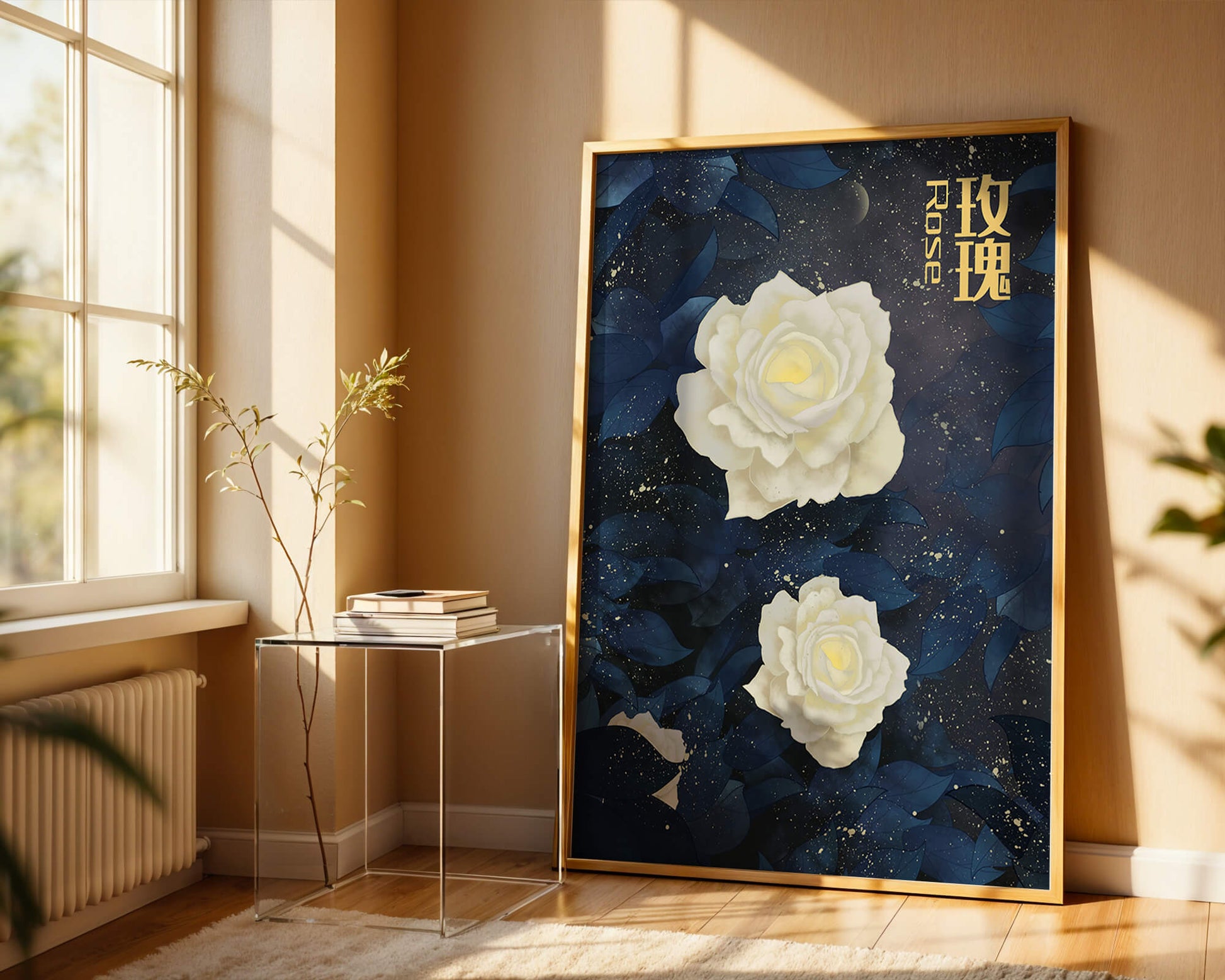Elegant white roses on a celestial night background with deep blue leaves