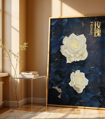 Elegant white roses on a celestial night background with deep blue leaves
