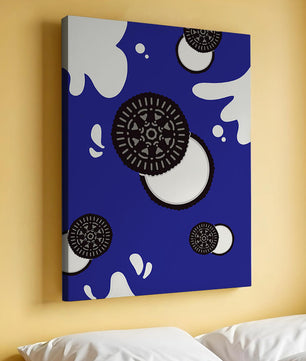 Graphic design featuring cookies and milk splashes on blue background