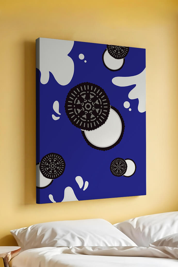 Graphic design featuring cookies and milk splashes on blue background
