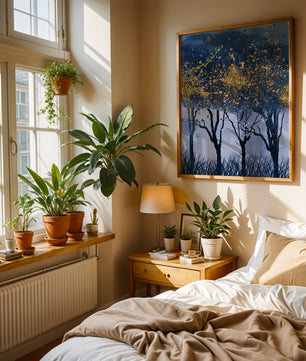Mystical forest landscape with gold splatter art