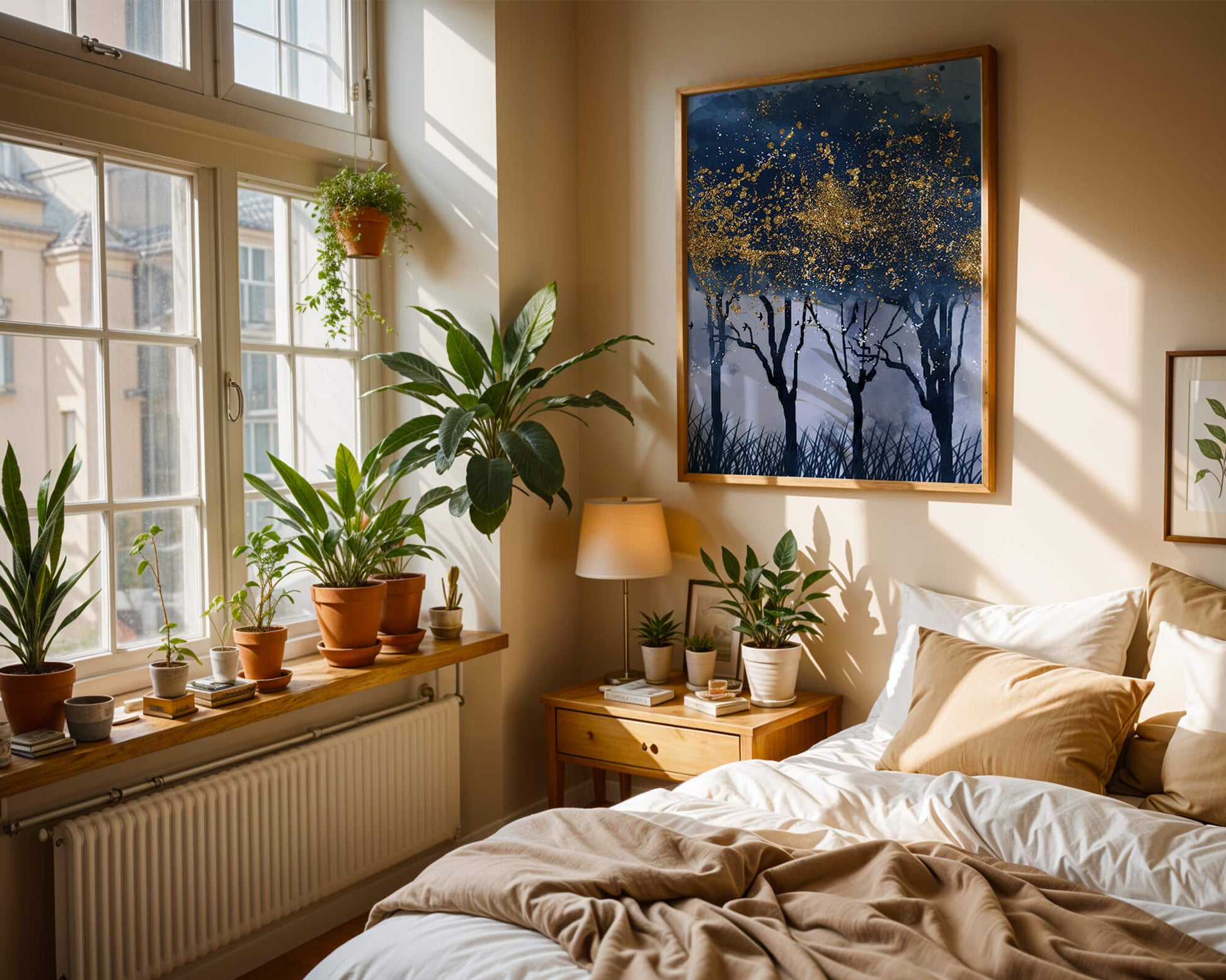 Mystical forest landscape with gold splatter art