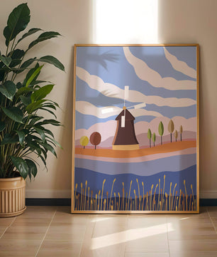 Paysage coloré avec moulin à vent et arbres abstraits