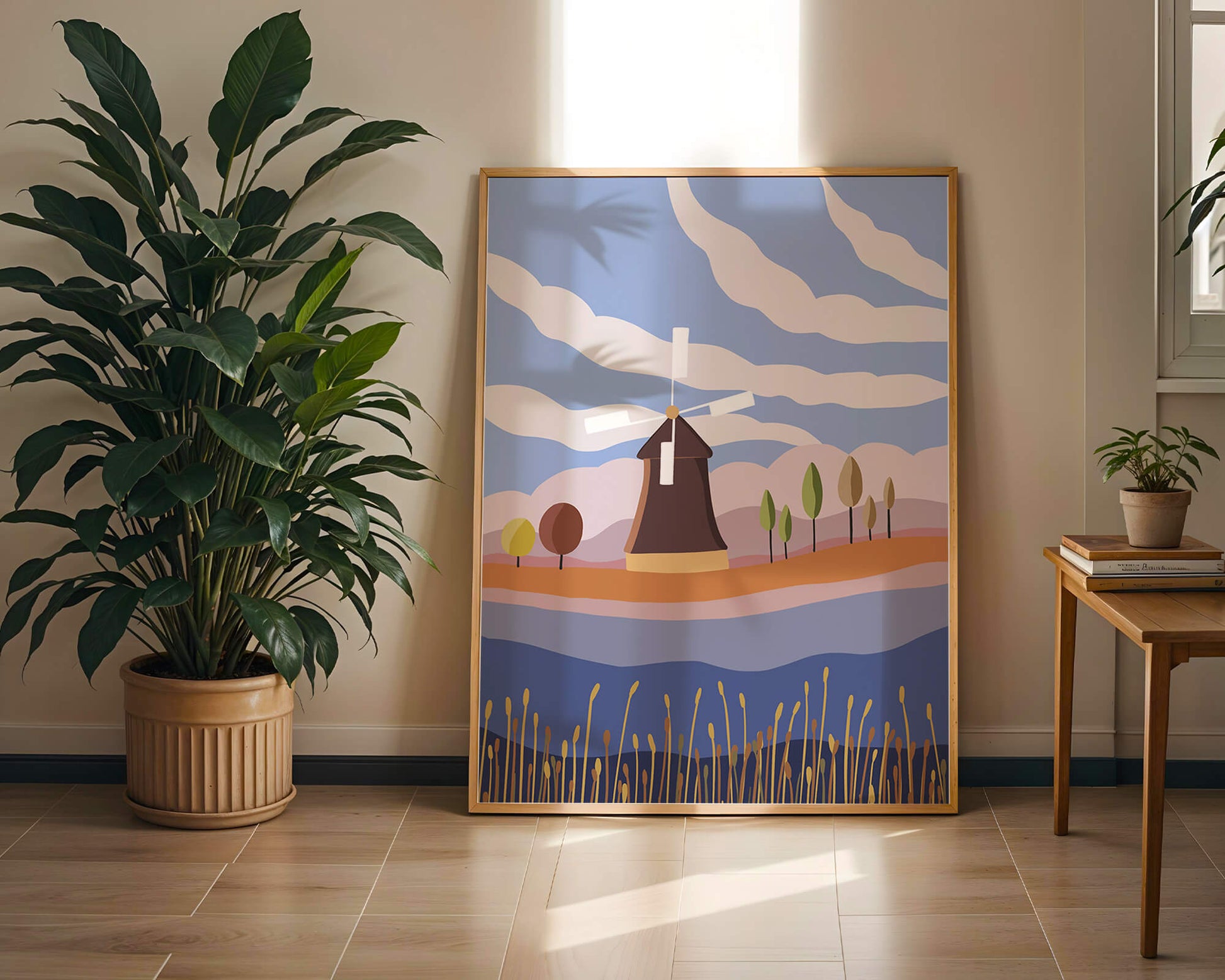 Colorful Landscape Featuring Windmill and Abstract Trees