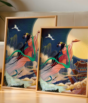 Oriental Fantasy Scene with Woman Offering Gift to the Moon
