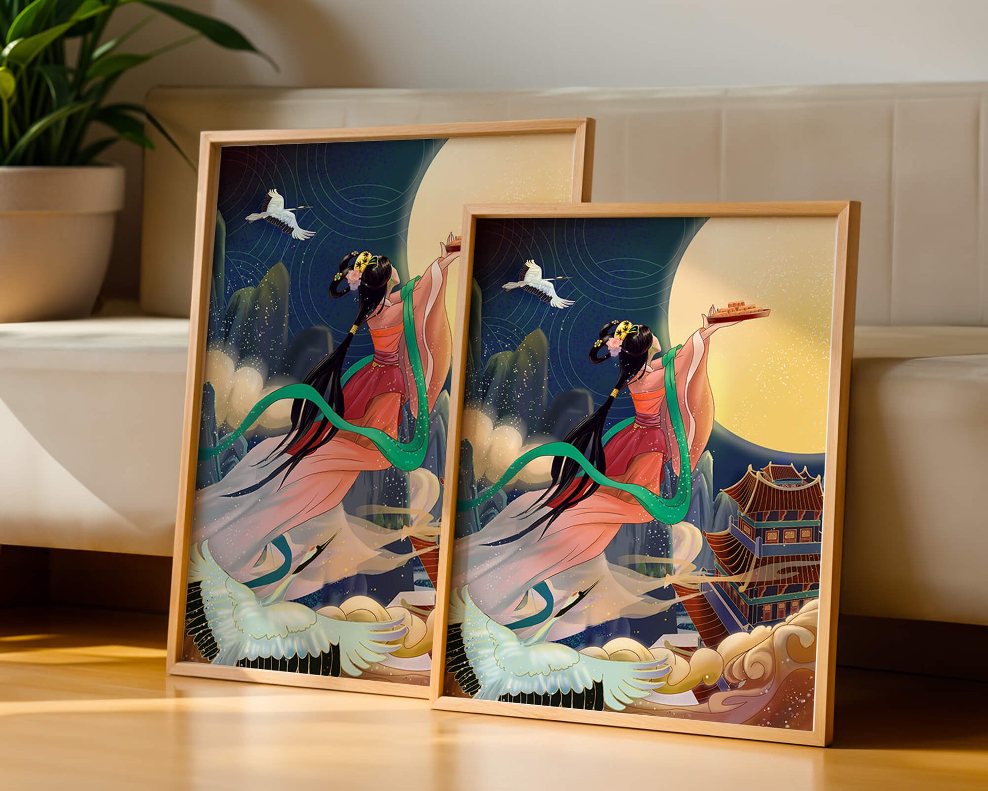 Oriental Fantasy Scene with Woman Offering Gift to the Moon
