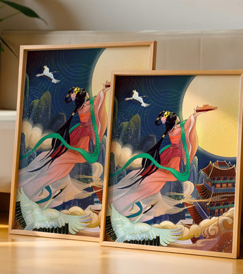 Oriental Fantasy Scene with Woman Offering Gift to the Moon