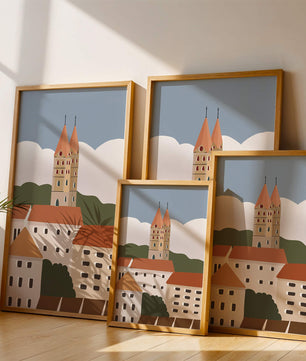 Ciudad europea encantadora con torres de iglesia y edificios coloridos