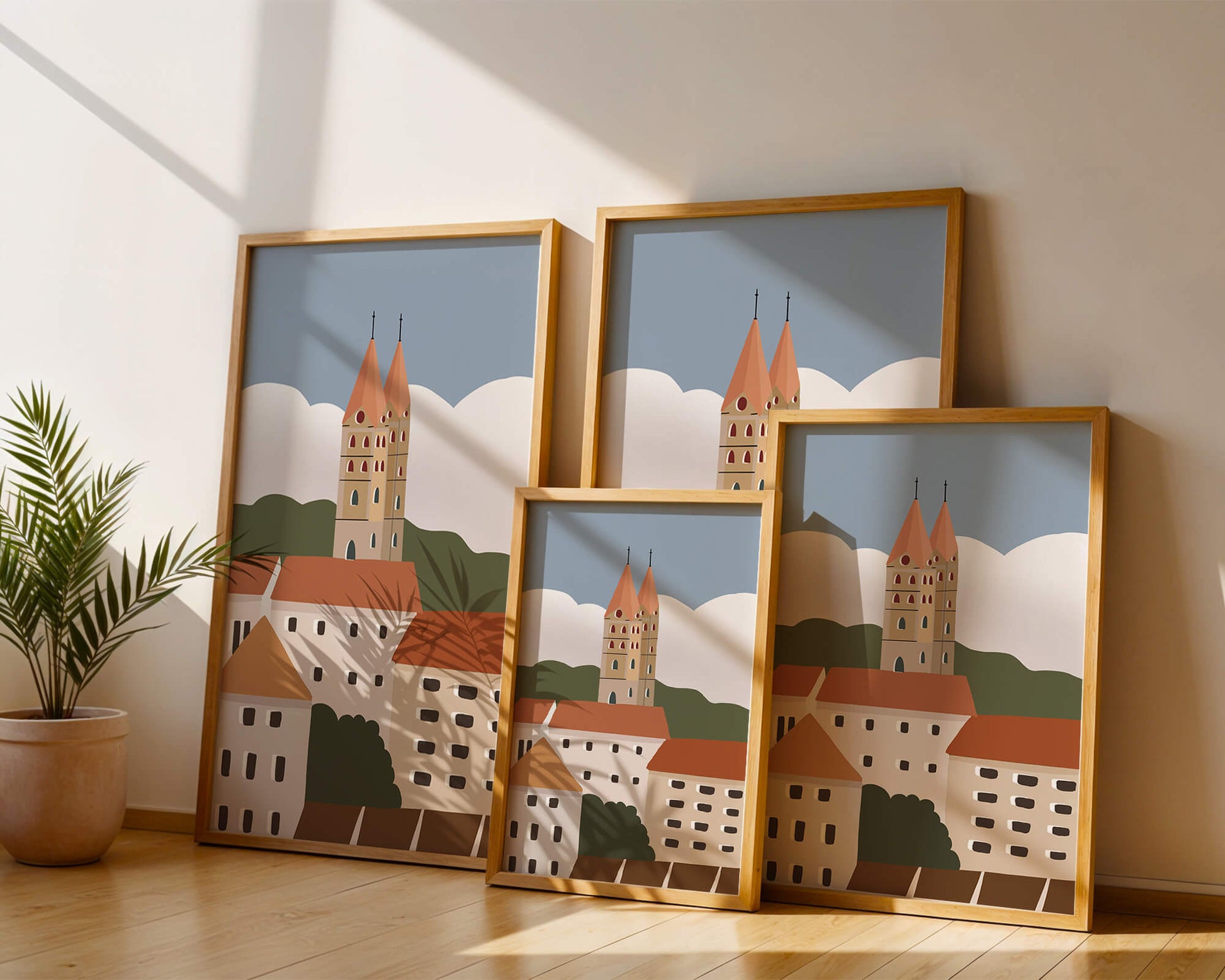 Charming European Cityscape with Church Towers and Colorful Buildings
