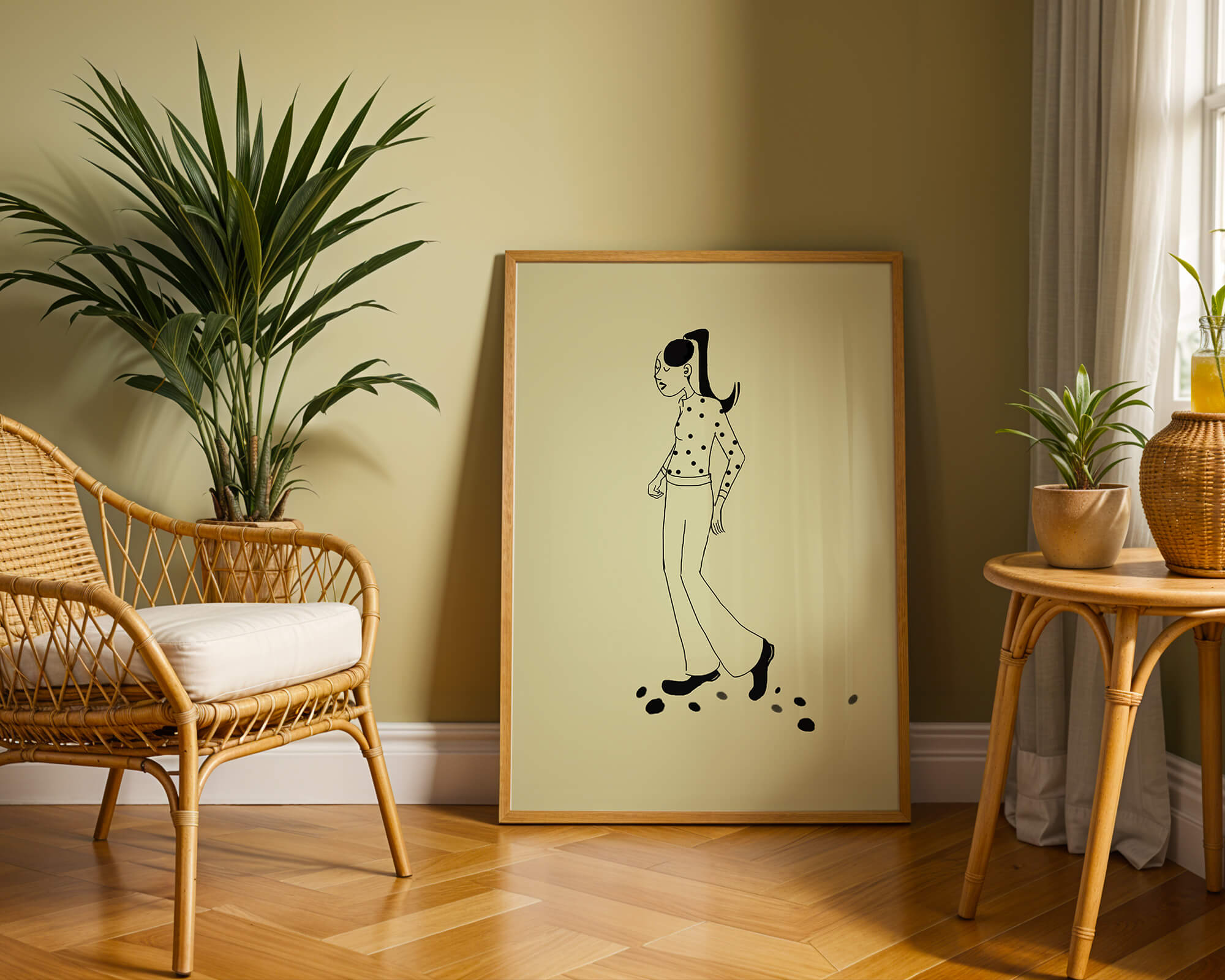Illustration of a person walking in a polka dot shirt with ponytail