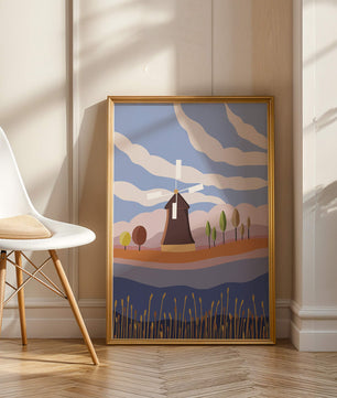 Paysage coloré avec moulin à vent et arbres abstraits