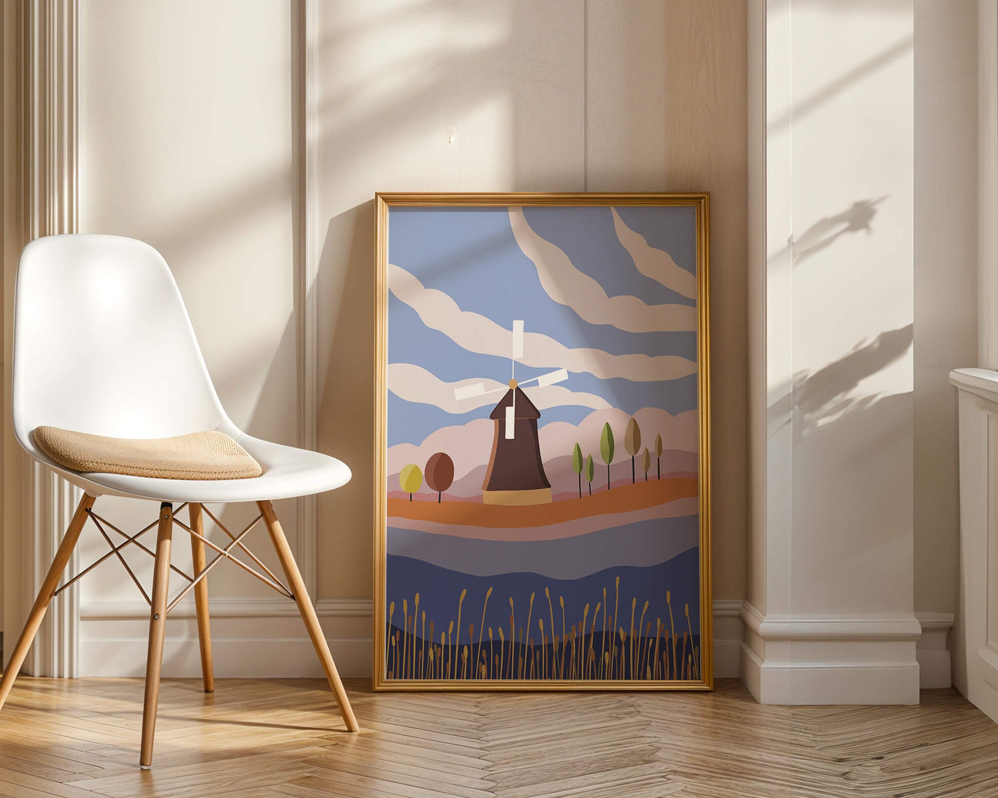 Colorful Landscape Featuring Windmill and Abstract Trees