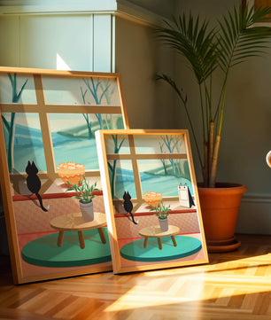 Cozy interior with a cat by the window and potted plants