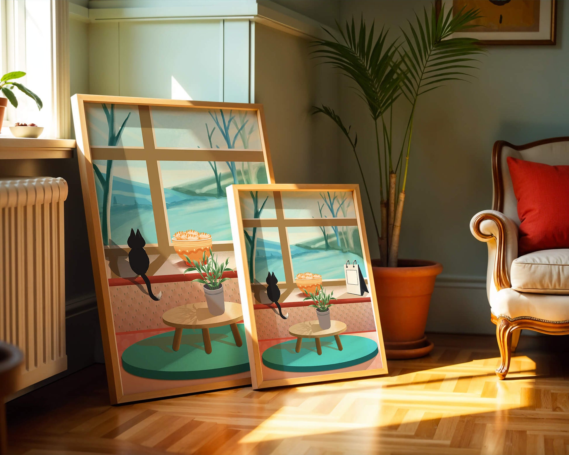 Cozy interior with a cat by the window and potted plants