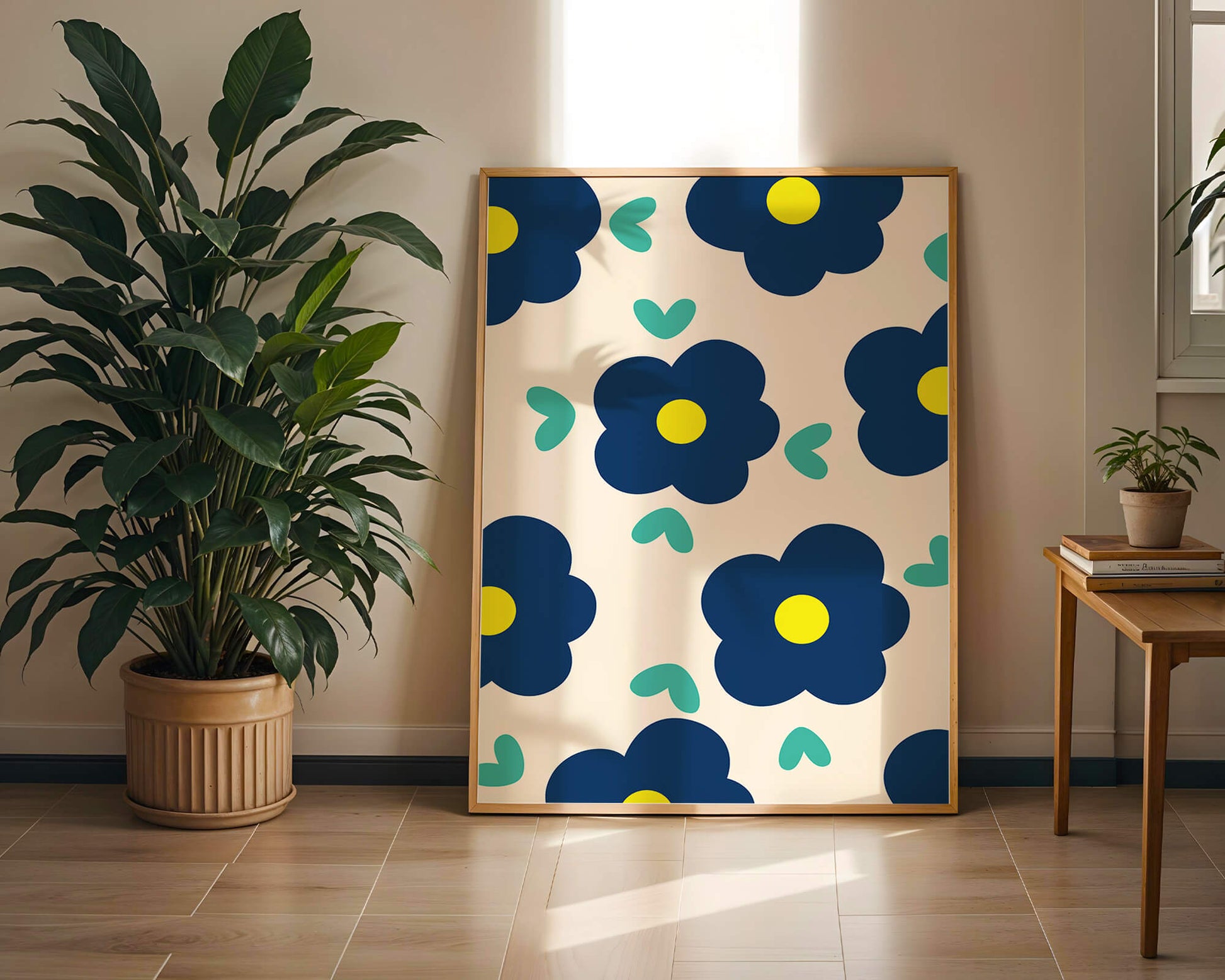 Blue floral pattern with yellow centers on cream background