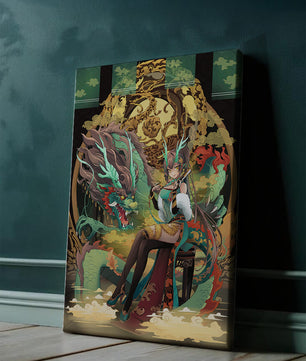 Art fantastique élégant d'une femme avec un dragon majestueux et des éléments dorés