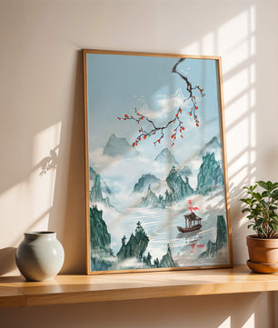 Chinese Landscape with Cherry Blossoms and Boat in Misty Mountains - Mi tienda