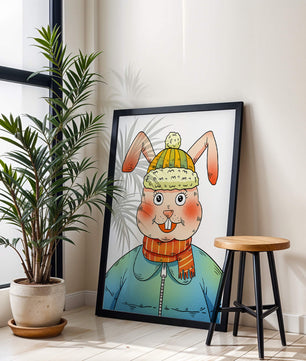 Whimsical cartoon bunny in winter attire with a striped scarf and beanie hat