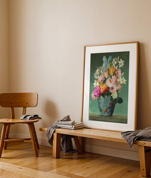 Floral arrangement in a decorative vase on a green background