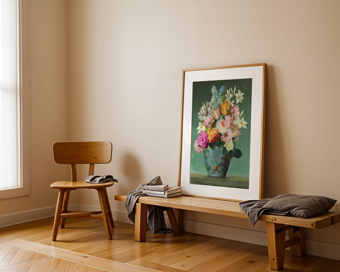 Floral arrangement in a decorative vase on a green background
