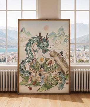 Dragon and Steamed Dumplings with Children in a Mountainous Landscape