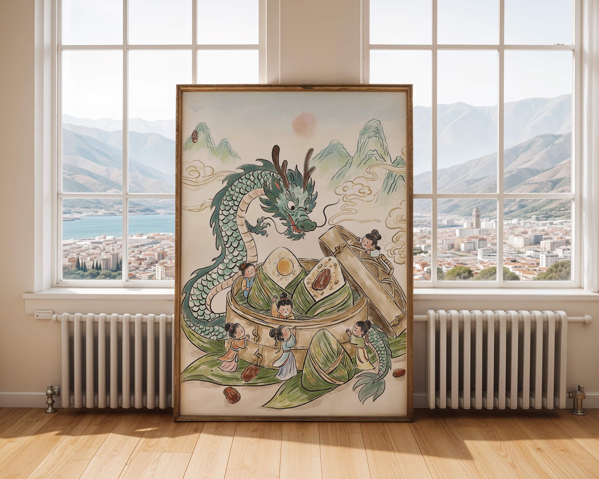 Dragón y dumplings al vapor con niños en un paisaje montañoso