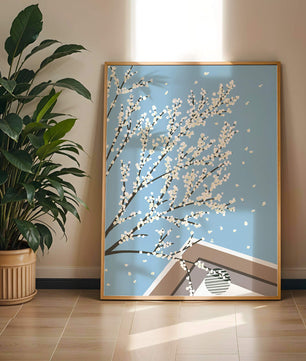 Blooming Branches Against a Clear Sky with Geometric Shapes