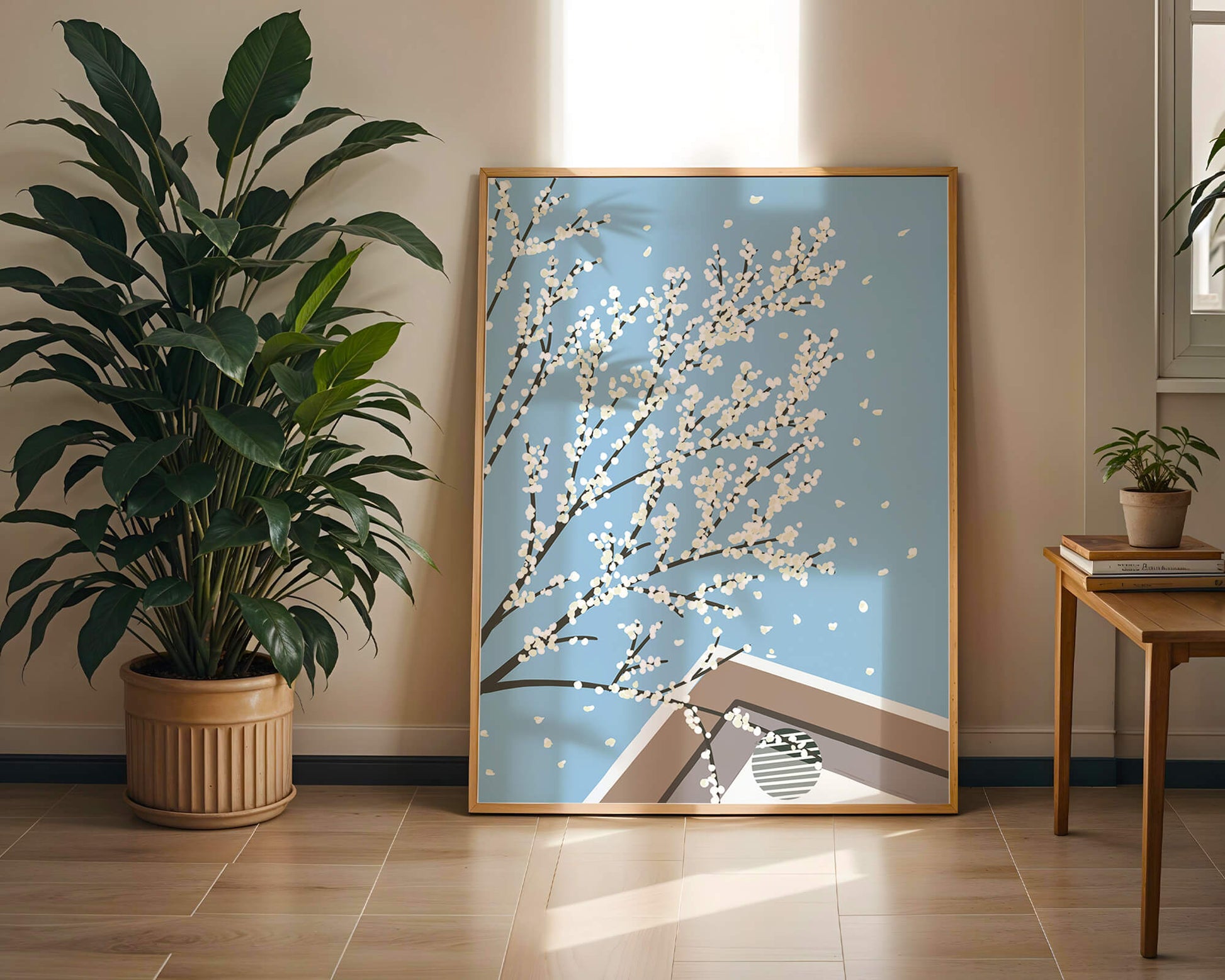 Blooming Branches Against a Clear Sky with Geometric Shapes