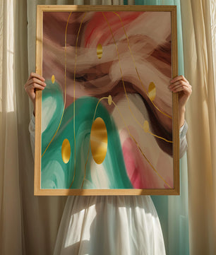 Diseño abstracto de remolinos coloridos con círculos dorados