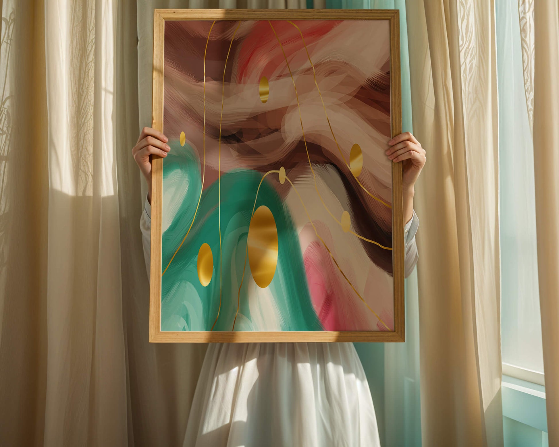 Abstract colorful swirl design with golden circles