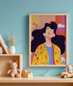 Ilustración colorida de una mujer en estilo artístico con fondo vibrante