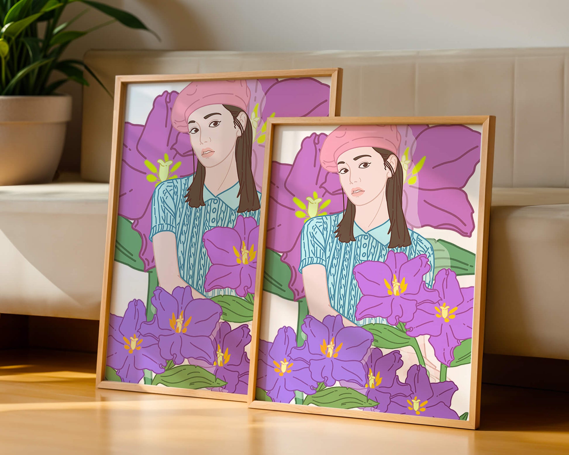 Ilustración de una joven con boina rosa y flores moradas