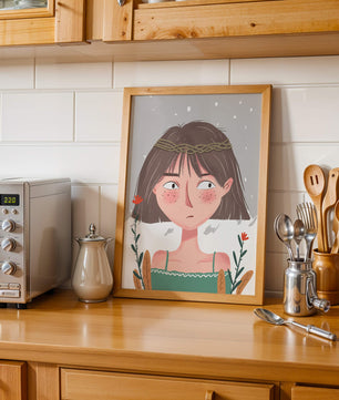 Illustrated girl with a braided crown, floral accents, and expressive features