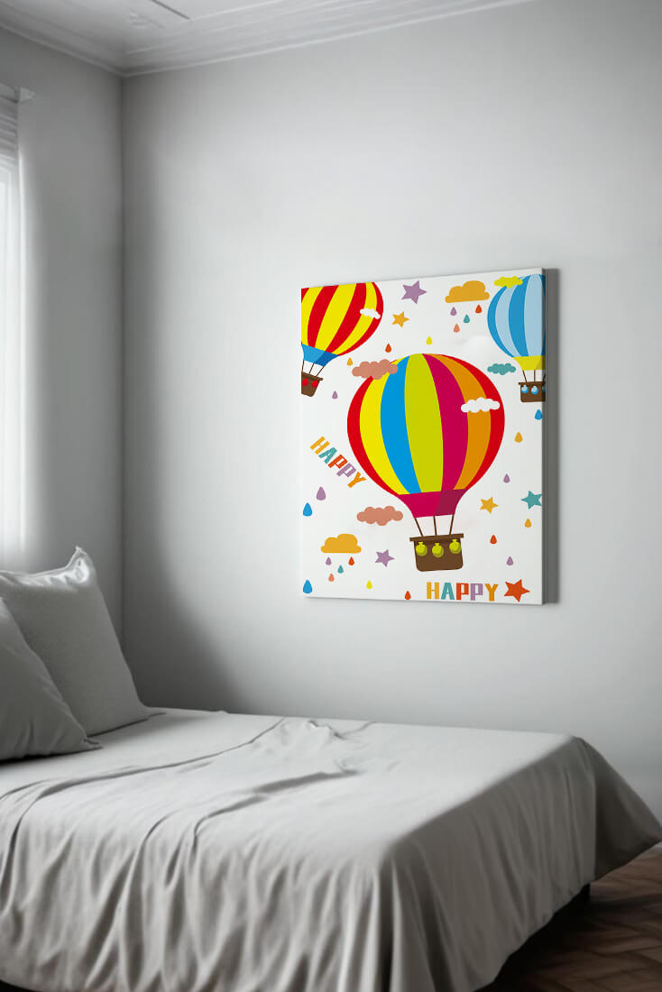 Colorful hot air balloons and happy clouds illustration
