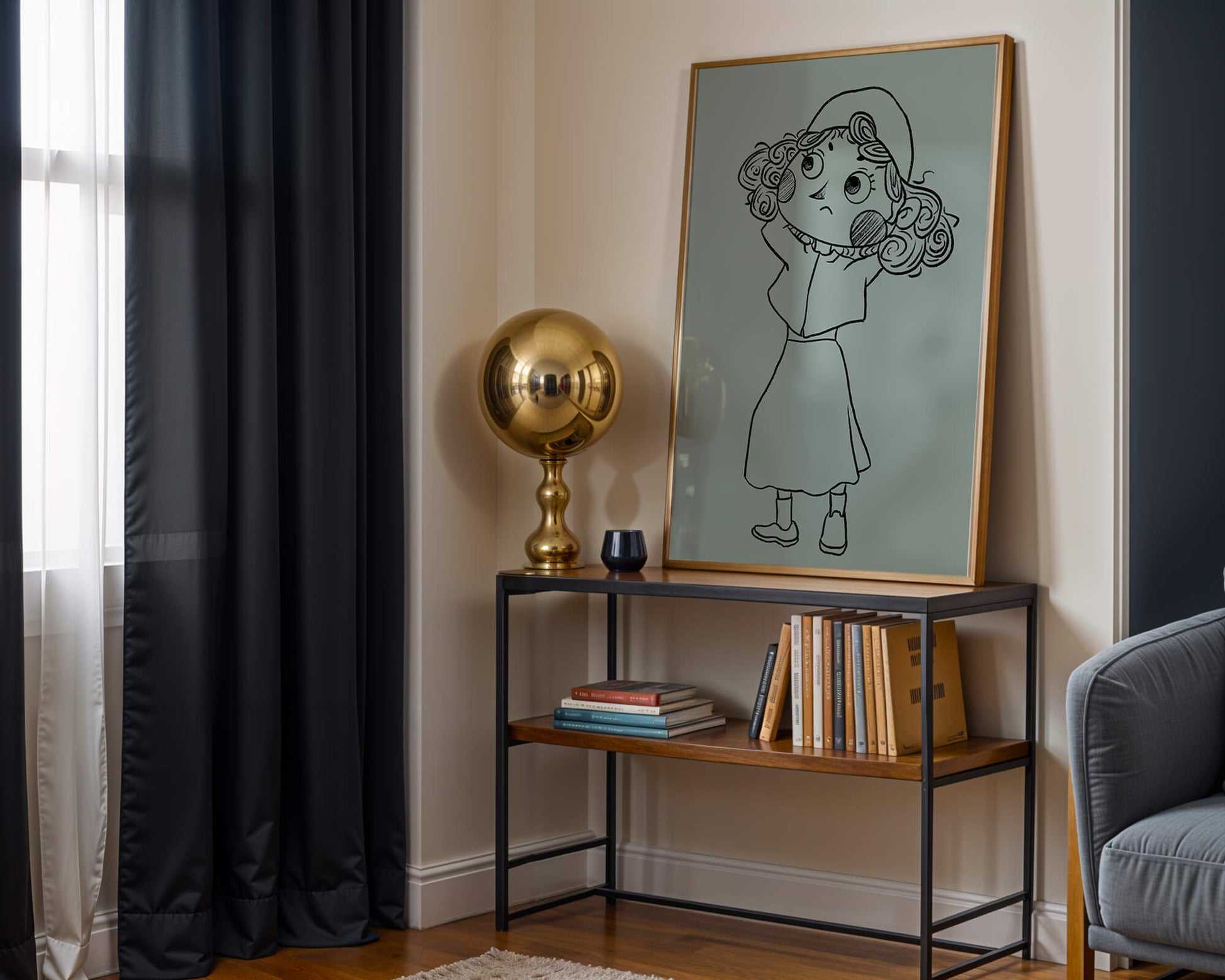 Ilustración a mano de un personaje de dibujos animados pensativo con cabello rizado y gorro