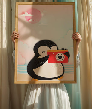 Whimsical penguin illustration with a camera on a pastel beach