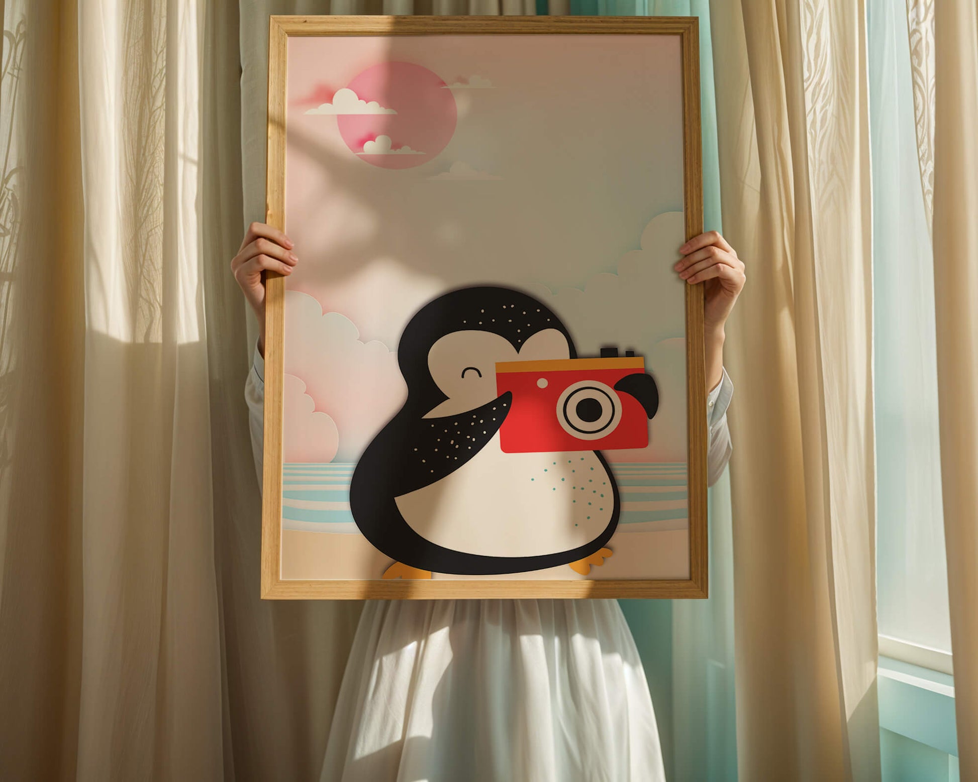 Whimsical penguin illustration with a camera on a pastel beach