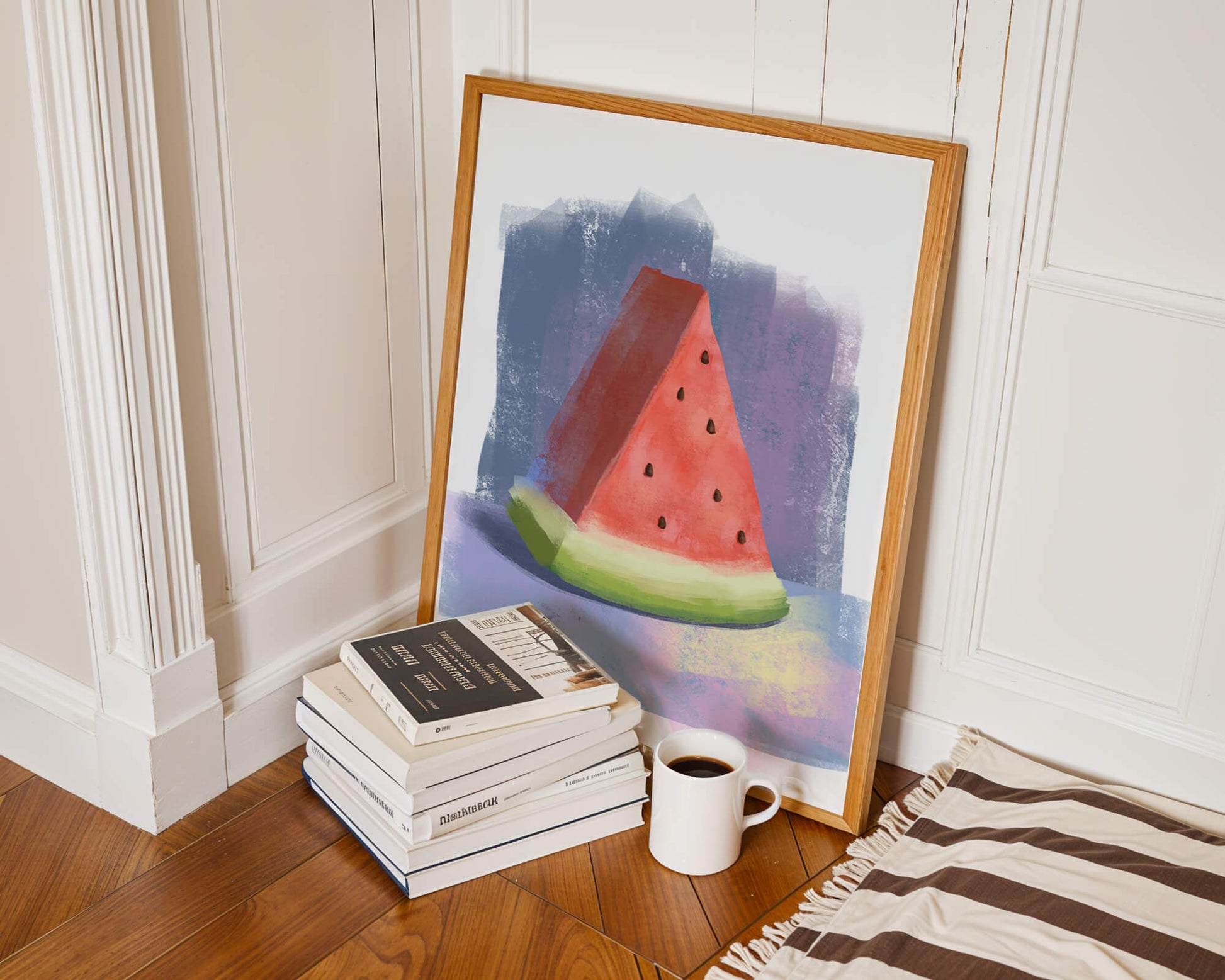 Watercolor illustration of a watermelon slice with abstract background
