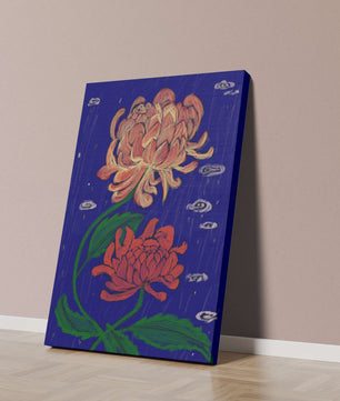 Colorful chrysanthemum illustration on dark blue background