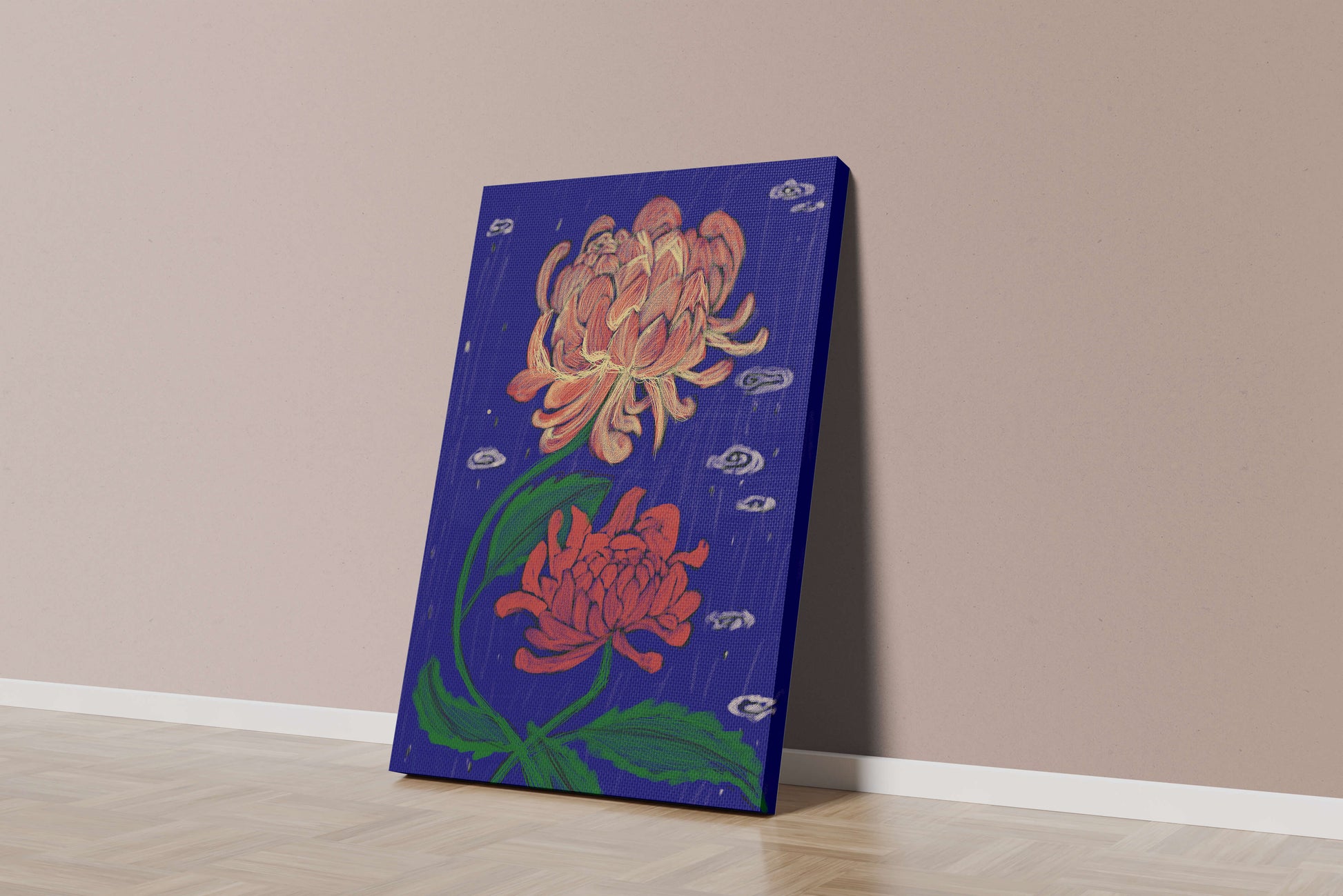 Colorful chrysanthemum illustration on dark blue background
