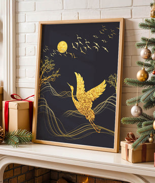 Goldener Kranich fliegt nachts über abstrakte Landschaft