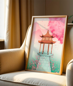 Traditioneller asiatischer Pavillon, umgeben von Kirschblüten