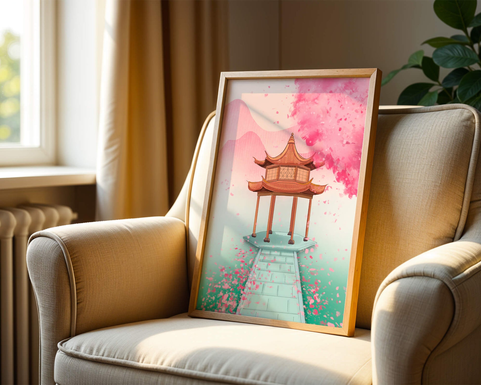 Traditional Asian gazebo surrounded by cherry blossoms