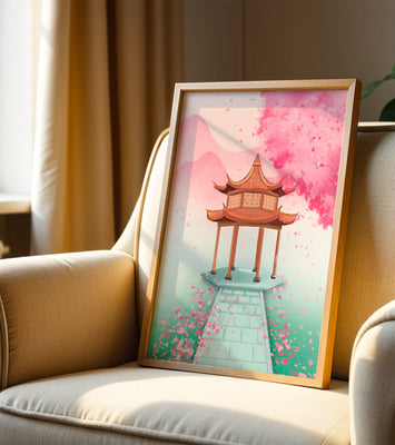 Traditional Asian gazebo surrounded by cherry blossoms